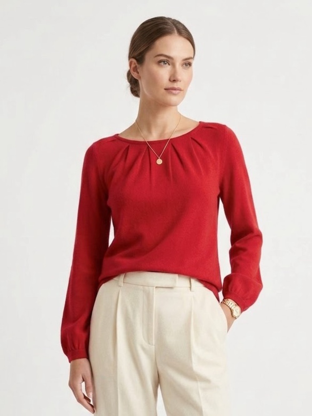 Quiet Luxury 100% Cashmere Red Sweater Pleated Old Money Heritage Preppy Luxe